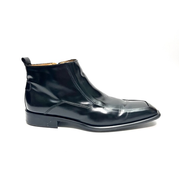 Vintage 1990s men's shiny black leather square toe dressy zip up ankle boots - Picture 1 of 8